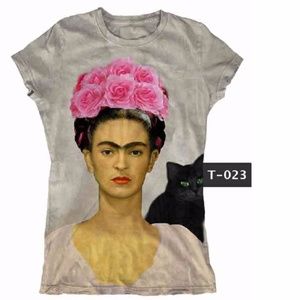 Frida Kahlo with Black Cat Graphic T-Shirt Tee